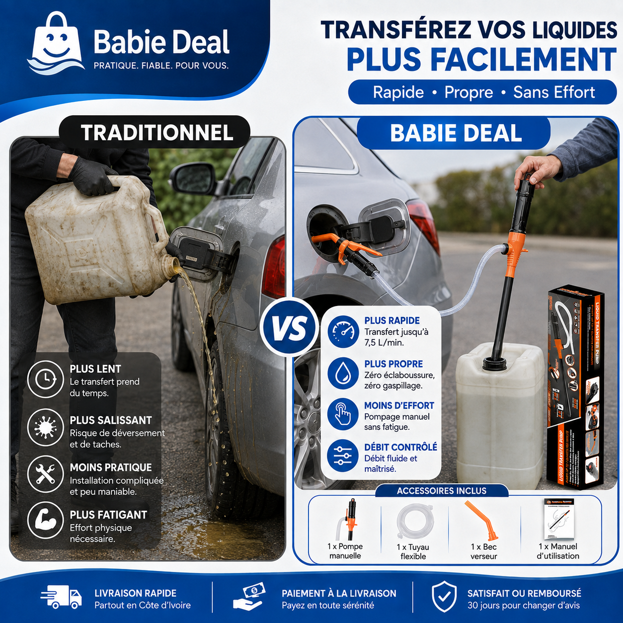 Pompe de transfert de liquide Babie Deal — comparaison avec méthode traditionnelle