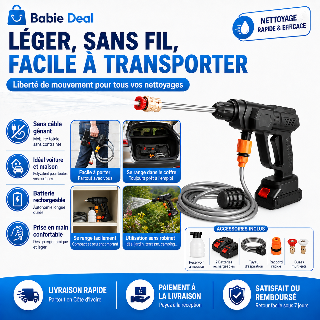 Pistolet à eau haute pression, accessoires inclus