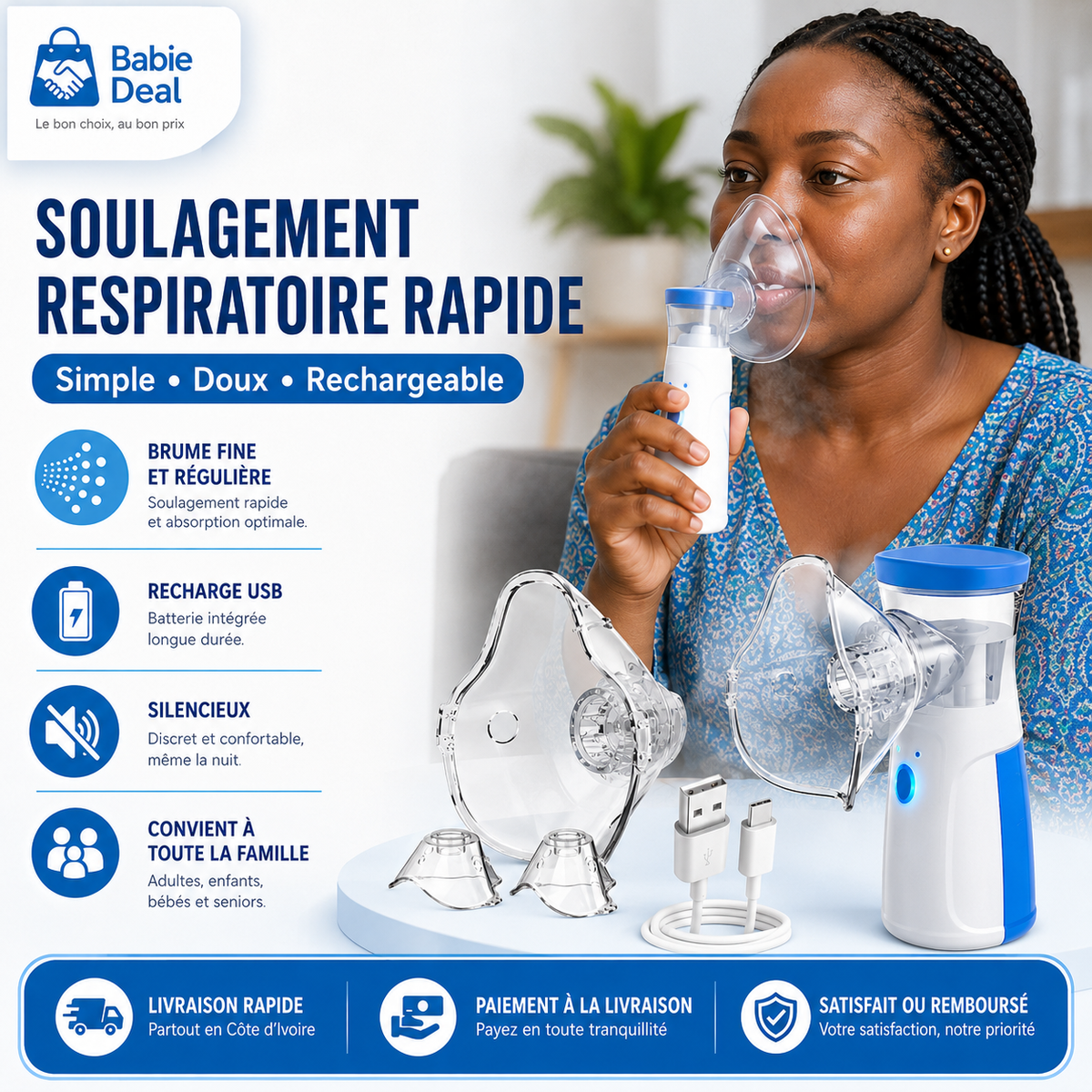 Nébuliseur portable en utilisation, masque adulte