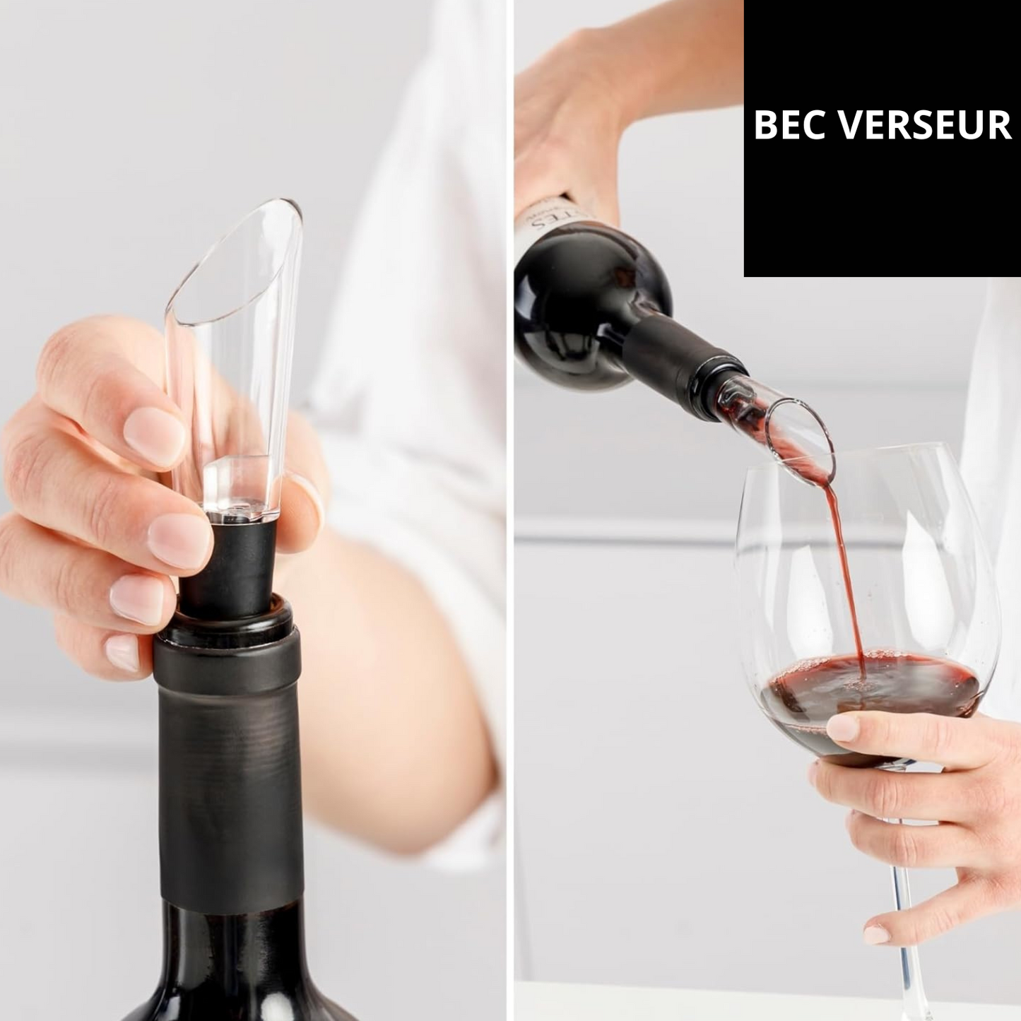 Bec verseur placé sur une bouteille, service dans un verre à vin
