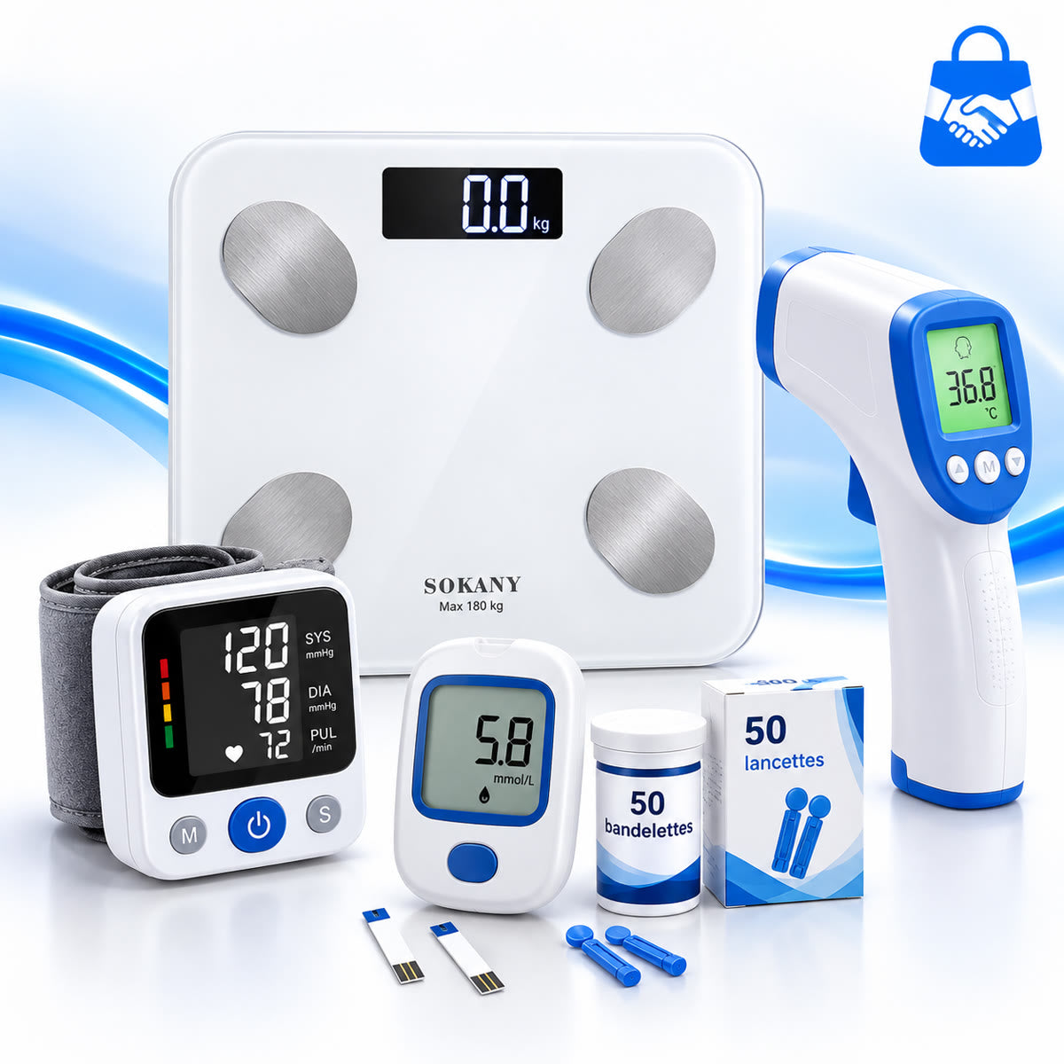 Kit Santé 4 en 1 : tensiomètre au poignet, glucomètre, thermomètre, balance connectée