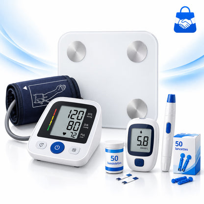Pack Santé Trio : balance connectée, tensiomètre au bras, glucomètre, bandelettes et lancettes
